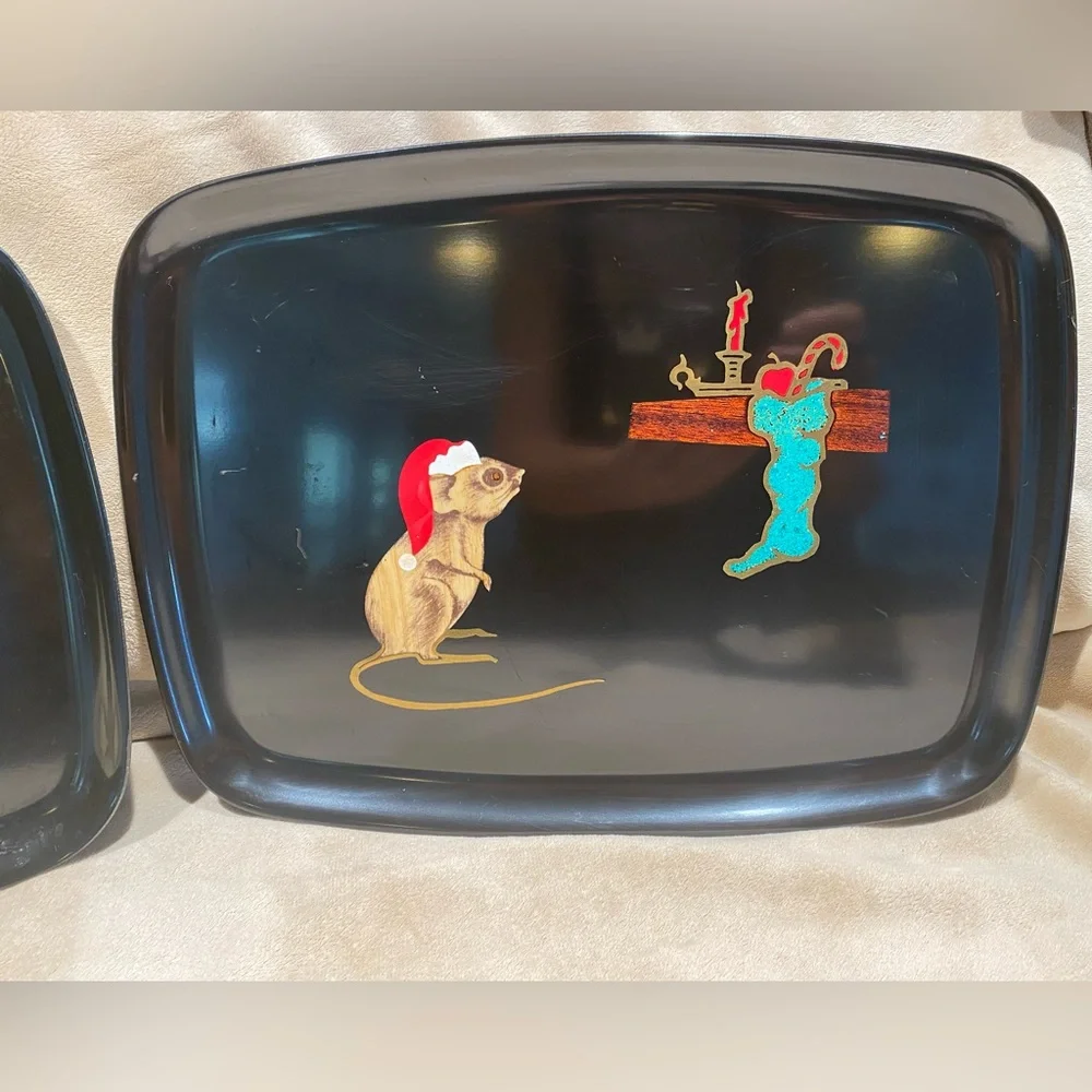 Vintage Couroc Christmas Mouse Inlay Serving Trays Black Lacquer Rectangle